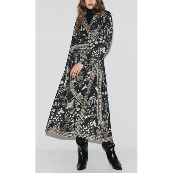 H&M Dresses & Skirts - NWT H&M Long Sleeved Wrap Dress Tie Waist Black Cream Floral Print Midi Maxi XL